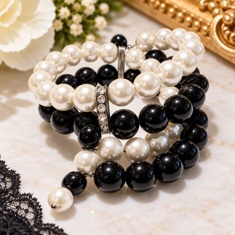 Vintage Chunky Black White Faux Pearl Rhinestone Wrap Bracelet Statement